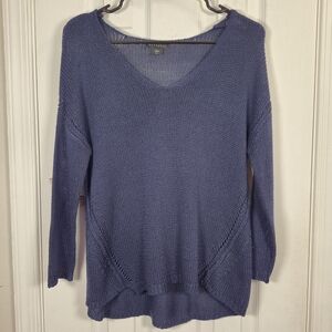 Metaphor Navy Blue Pointelle Knit V-Neck Sweater High Low Hem Medium